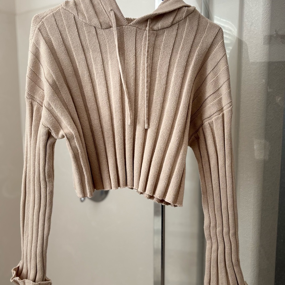 Cream/Beige Cropped Ribbed Knit Hoodie Sweater